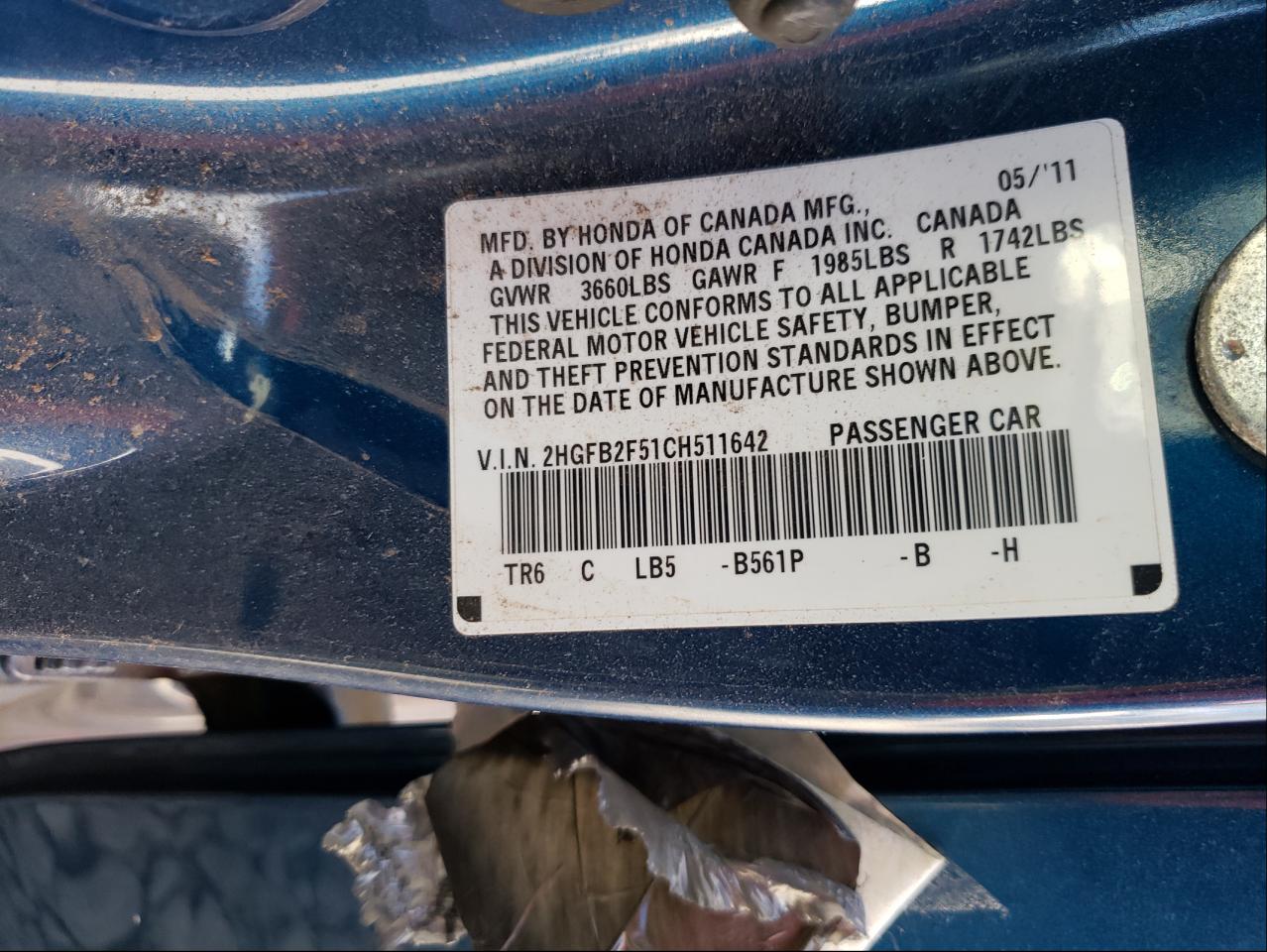 Photo 10 from auction – 2012 HONDA CIVIC LX with VIN 2HGFB2F51CH511642