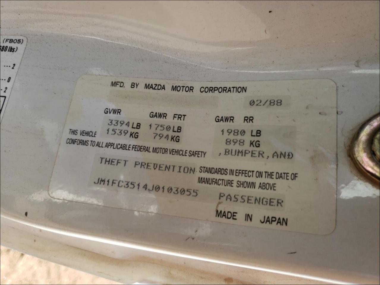 Photo 10 from auction – 1988 MAZDA RX7 with VIN JM1FC3514J0103055
