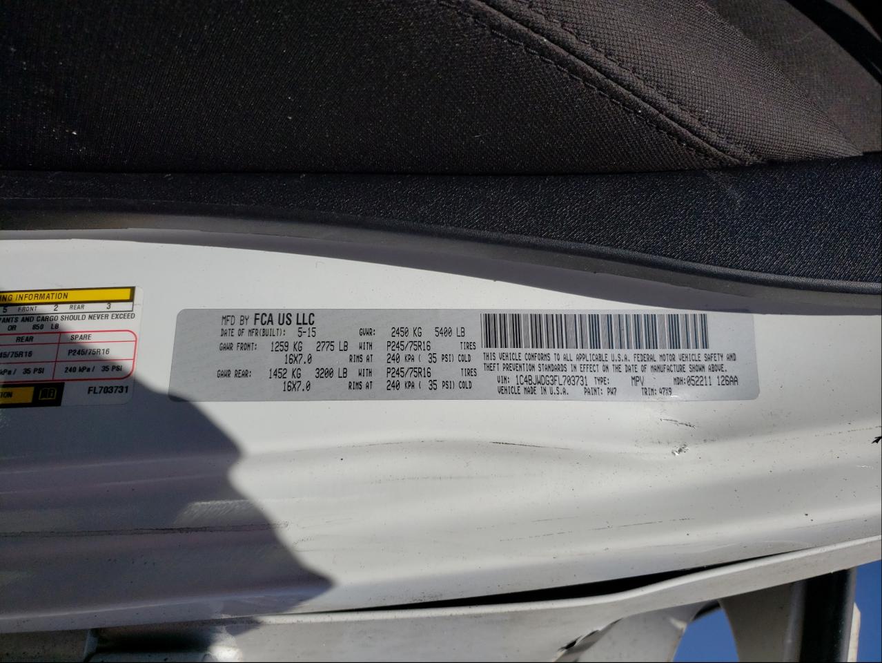 Photo 10 from auction – 2015 JEEP 4X4LIMITED with VIN 1C4BJWDG3FL703731
