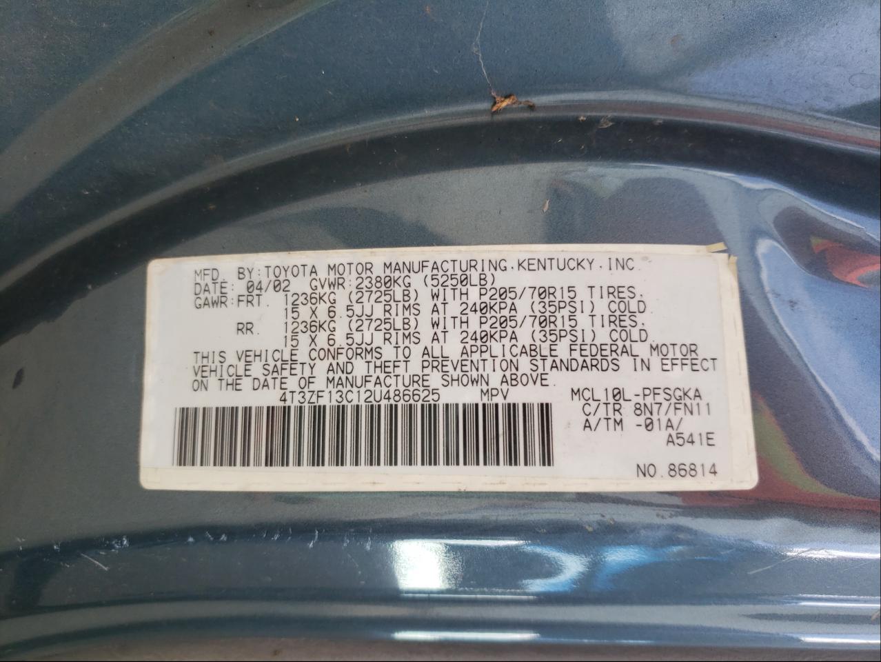 Photo 10 from auction – 2002 TOYOTA SIENNA LE with VIN 4T3ZF13C12U486625