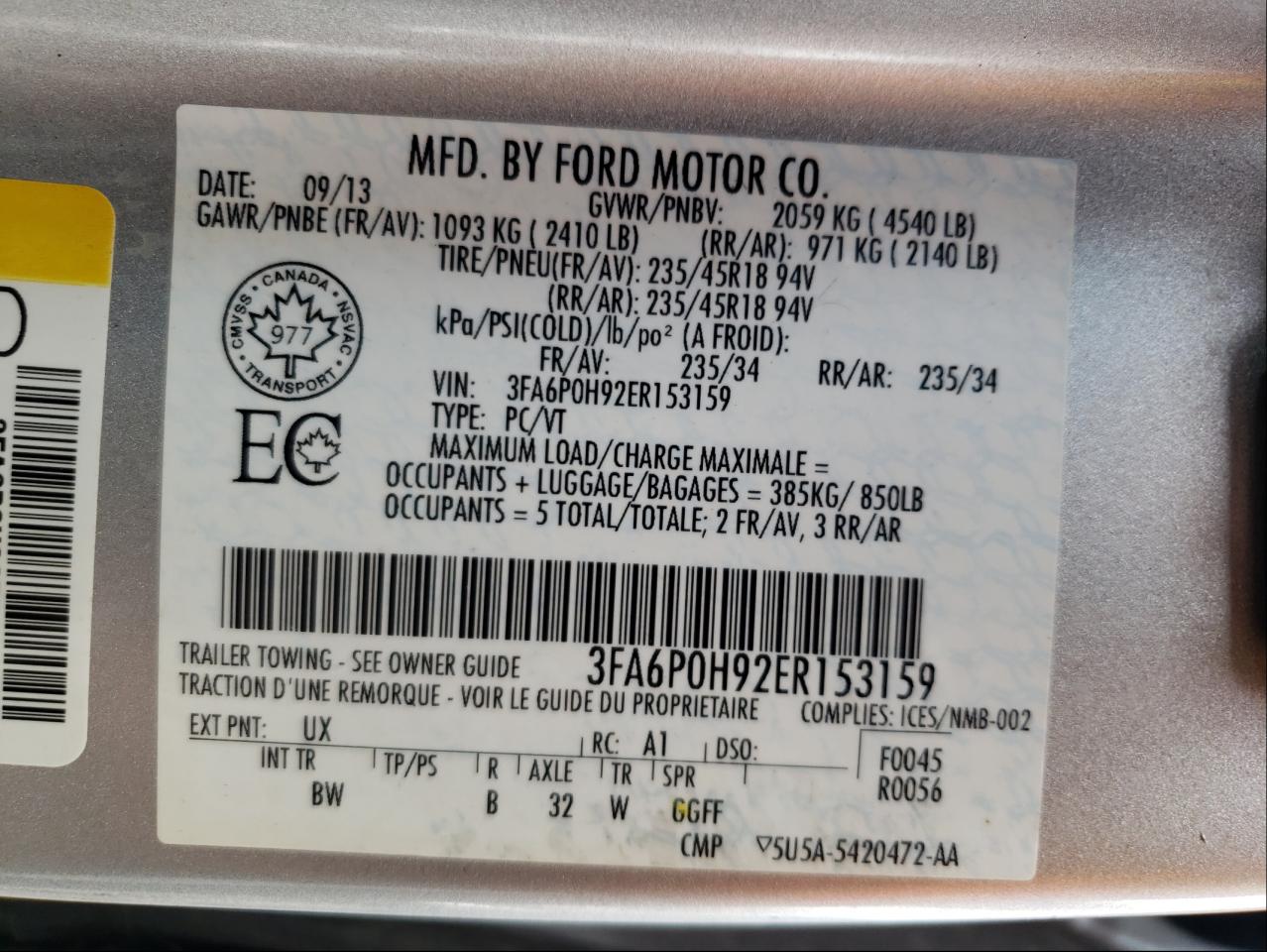 Photo 10 from auction – 2014 FORD FUSION SE with VIN 3FA6P0H92ER153159