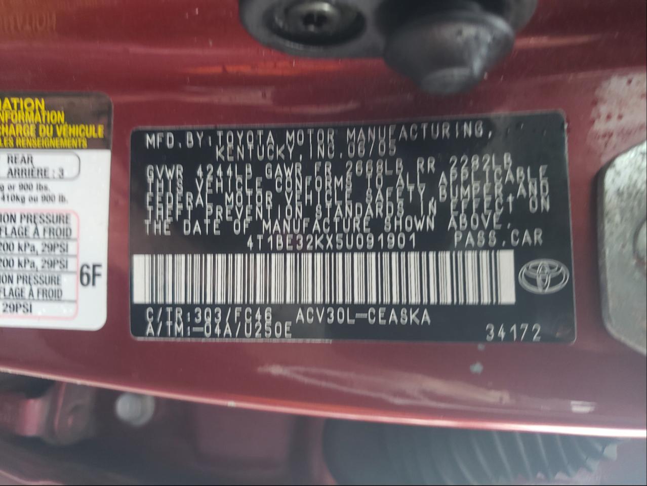 Photo 10 from auction – 2005 TOYOTA CAMRY with VIN 4T1BE32KX5U091901