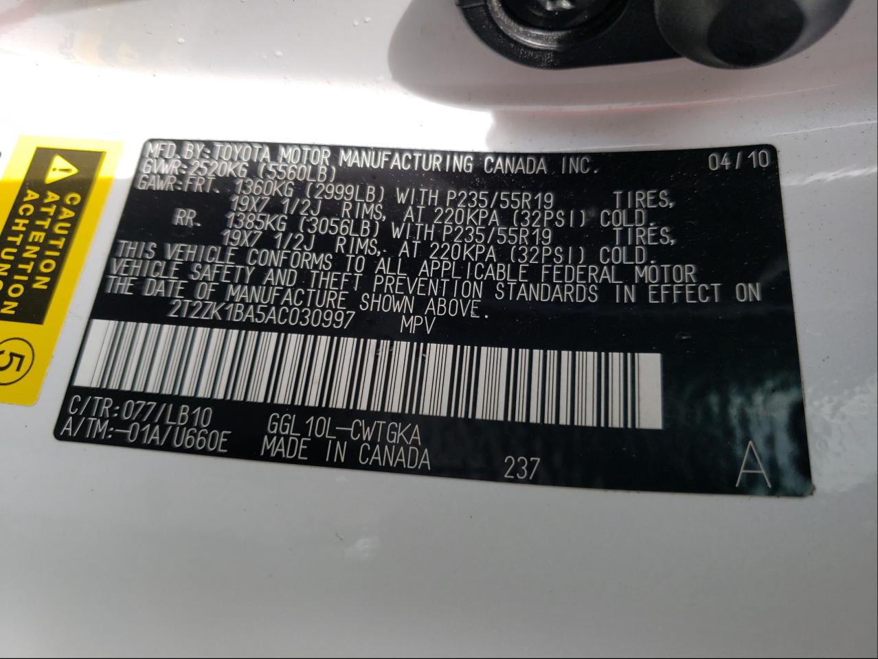 Photo 10 from auction – 2010 LEXUS UK with VIN 2T2ZK1BA5AC030997
