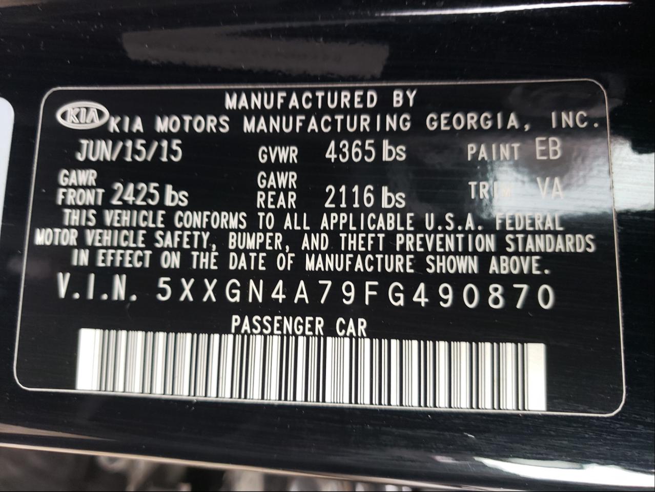 Photo 10 from auction – 2015 KIA OPTIMA EX with VIN 5XXGN4A79FG490870