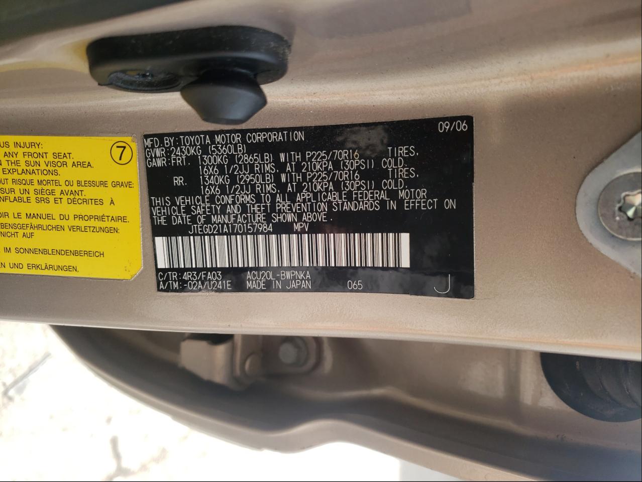 Photo 10 from auction – 2007 TOYOTA HIGHLANDER with VIN JTEGD21A170157984