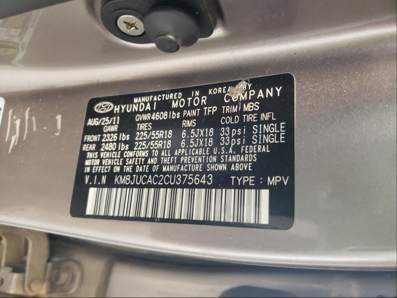 Photo 10 from auction – 2012 HYUNDAI TUCSON GLS with VIN KM8JUCAC2CU375643