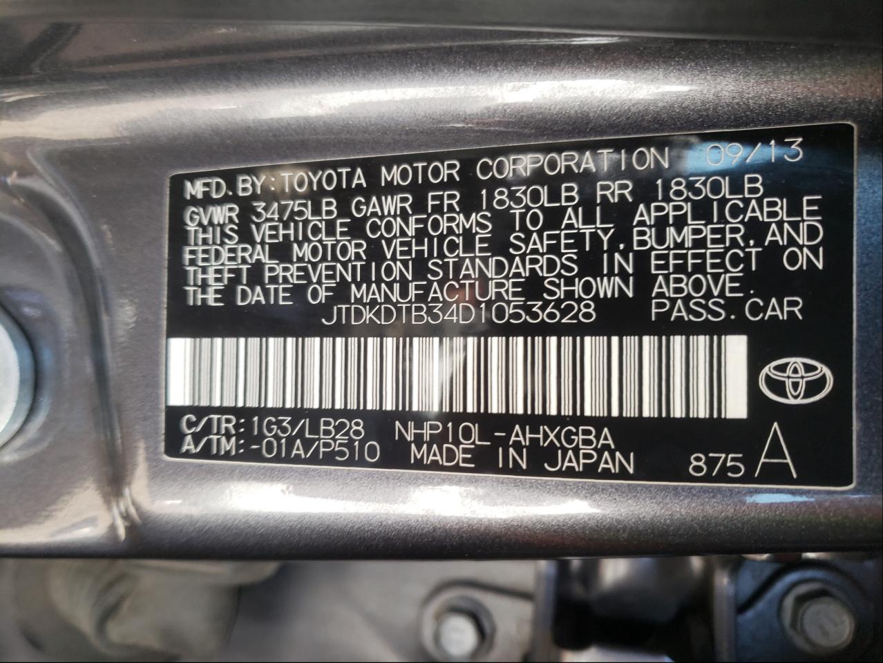 Photo 10 from auction – 2013 TOYOTA PRIUS C with VIN JTDKDTB34D1053628