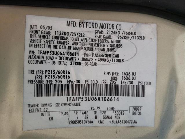 Photo 10 from auction – 2006 FORD TAURUS SE with VIN 1FAFP53U06A108614