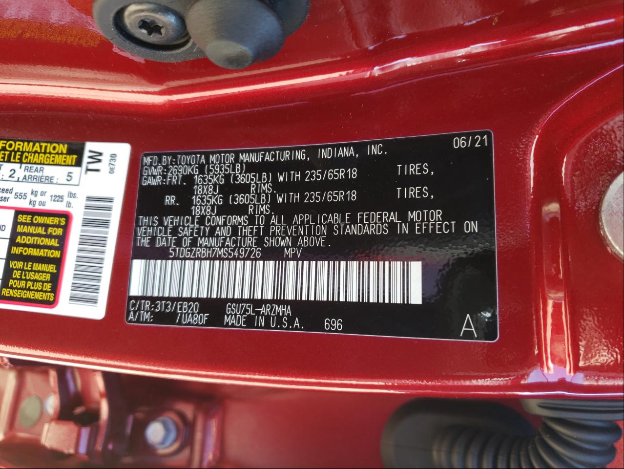 Photo 10 from auction – 2021 TOYOTA HIGHLANDER with VIN 5TDGZRBH7MS549726