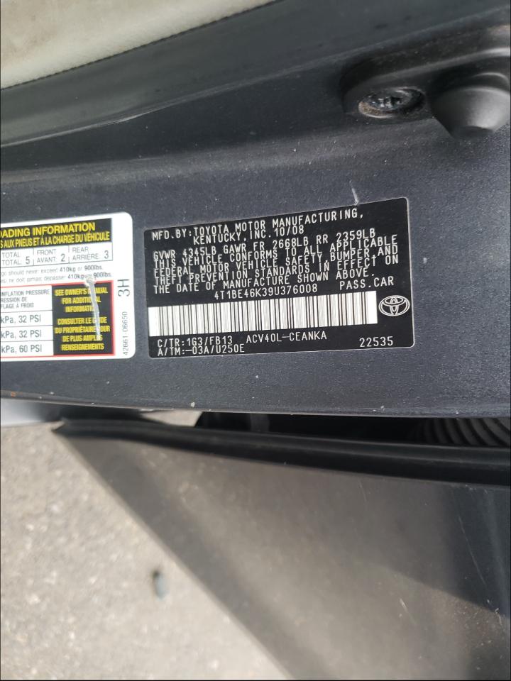 Photo 10 from auction – 2009 TOYOTA CAMRY BASE with VIN 4T1BE46K39U376008