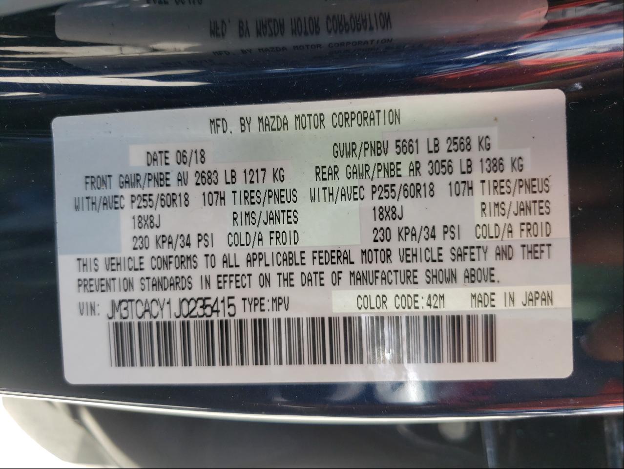 Photo 10 from auction – 2018 MAZDA CX-9 TOURI with VIN JM3TCACY1J0235415