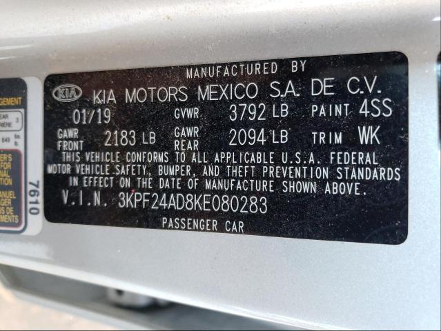 Photo 10 from auction – 2019 KIA FORTE FE with VIN 3KPF24AD8KE080283