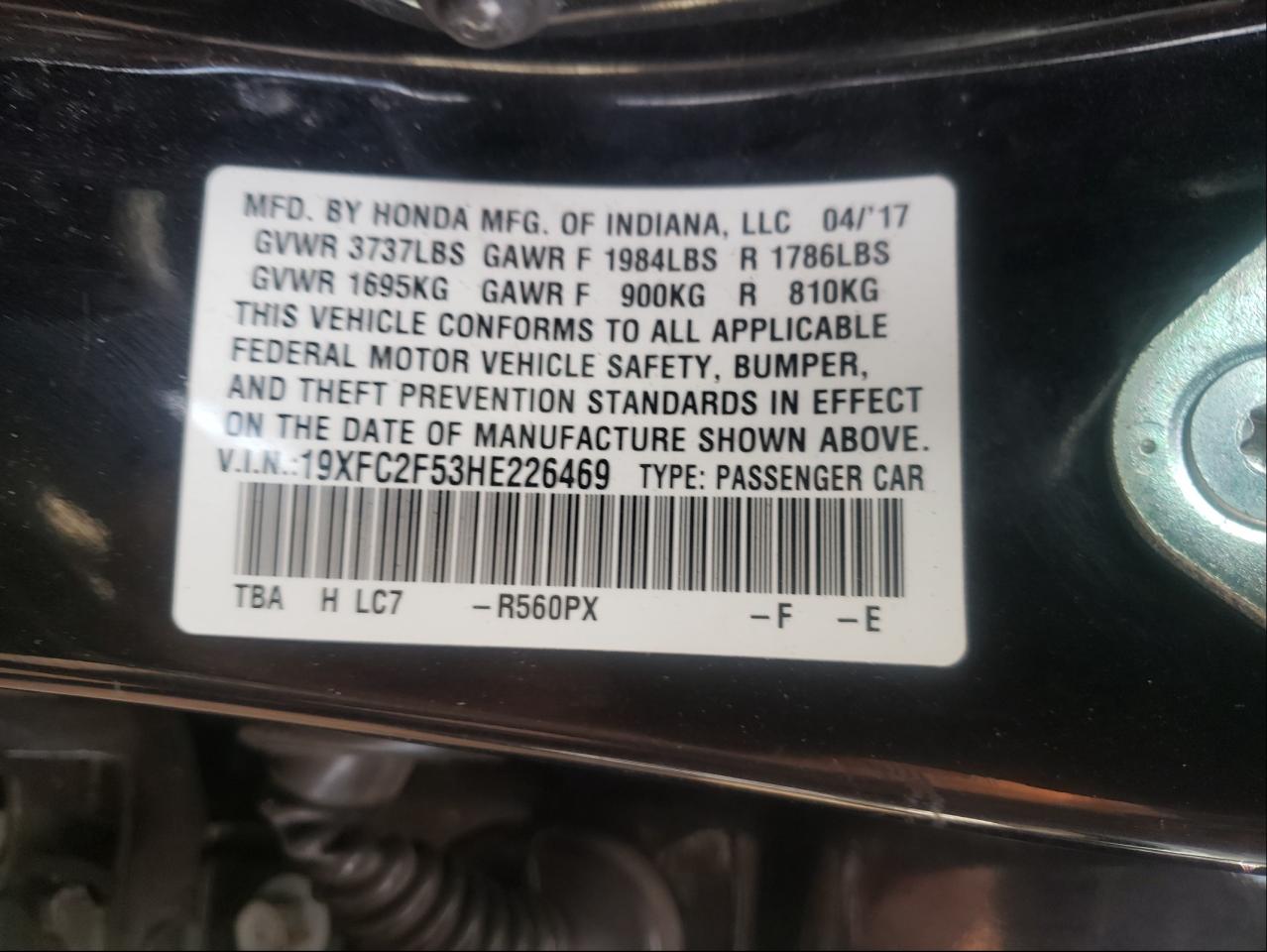 Photo 10 from auction – 2017 HONDA CIVIC LX with VIN 19XFC2F53HE226469