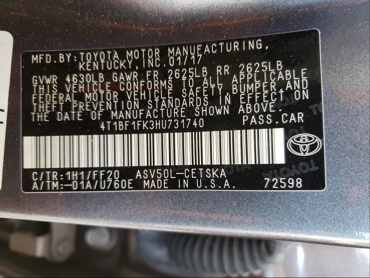 Photo 10 from auction – 2017 TOYOTA CAMRY LE with VIN 4T1BF1FK3HU731740