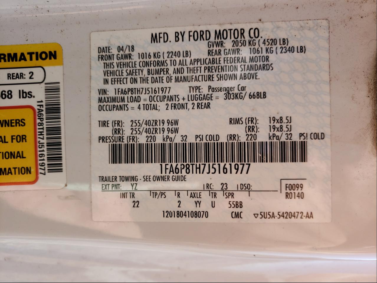Photo 10 from auction – 2018 FORD MUSTANG with VIN 1FA6P8TH7J5161977