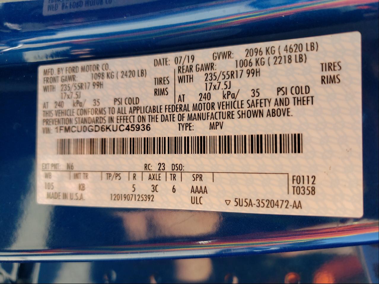 Photo 10 from auction – 2019 FORD ESCAPE SE with VIN 1FMCU0GD6KUC45936
