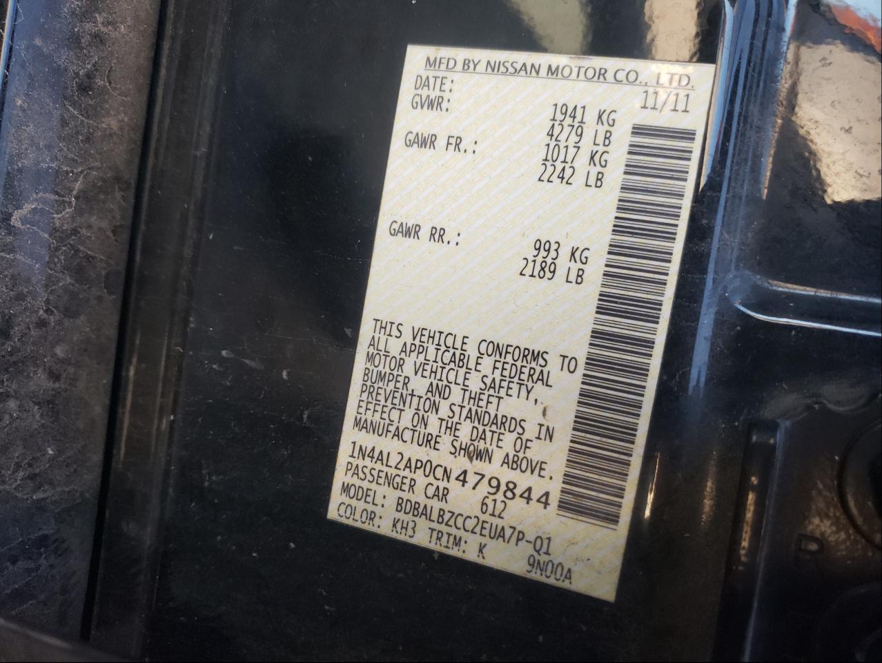 Photo 10 from auction – 2012 NISSAN ALTIMA BAS with VIN 1N4AL2AP0CN479844