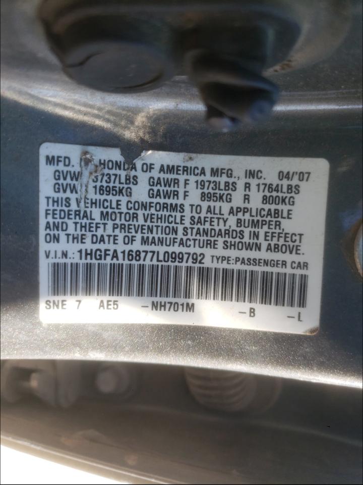 Photo 10 from auction – 2007 HONDA CIVIC EX with VIN 1HGFA16877L099792