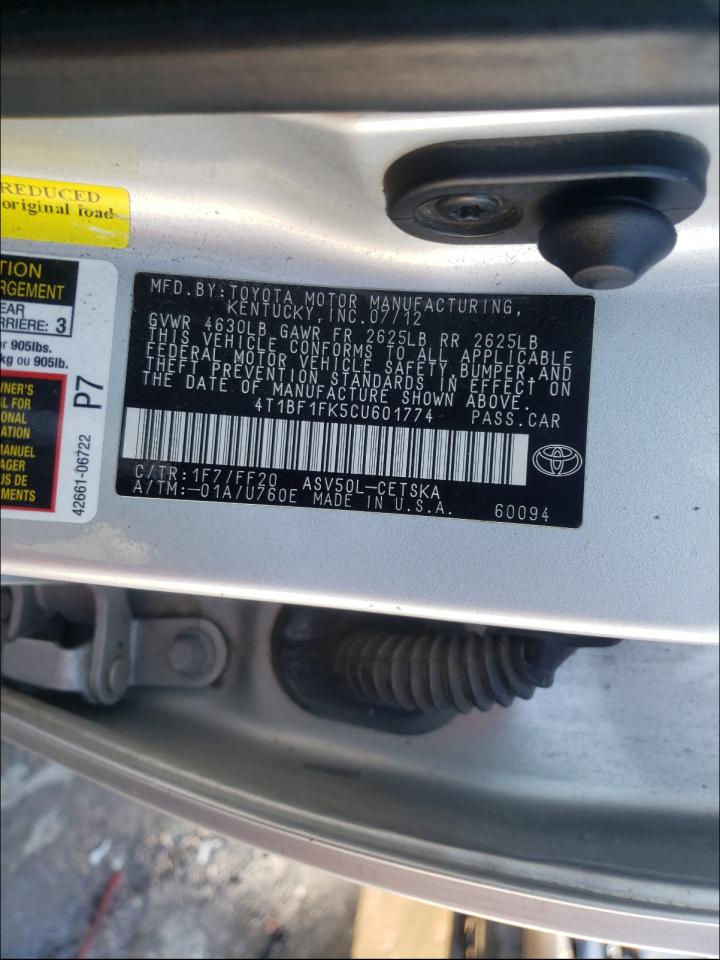 Photo 10 from auction – 2012 TOYOTA CAMRY BASE with VIN 4T1BF1FK5CU601774