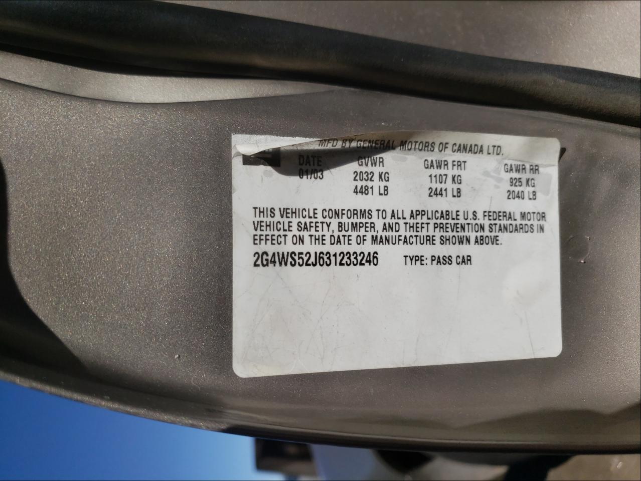 Photo 10 from auction – 2003 BUICK CENTURY CU with VIN 2G4WS52J631233246