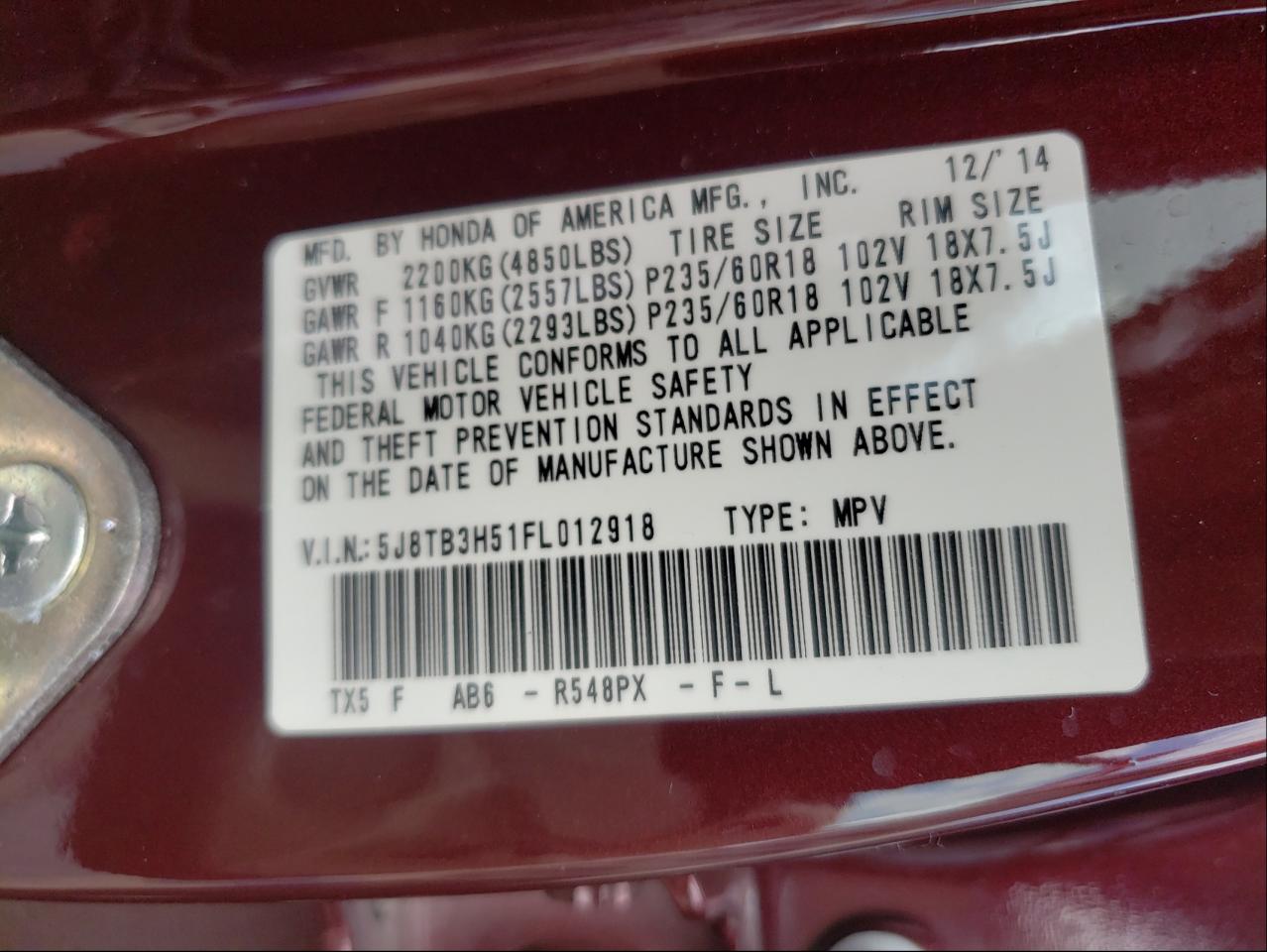 Photo 10 from auction – 2015 ACURA RDX TECHNO with VIN 5J8TB3H51FL012918