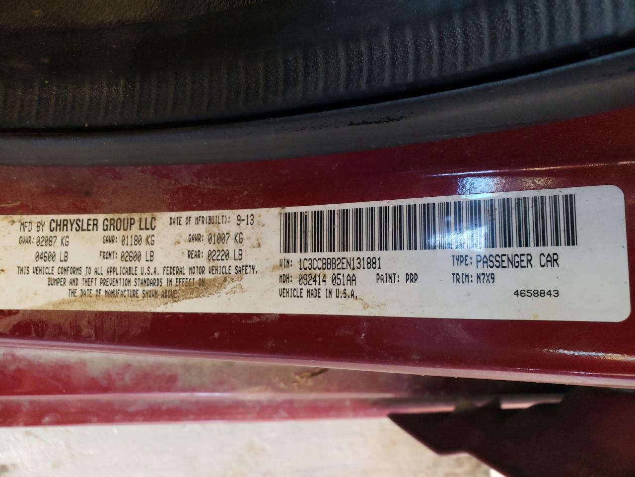 Photo 10 from auction – 2014 CHRYSLER 200 TOURIN with VIN 1C3CCBBB2EN131881
