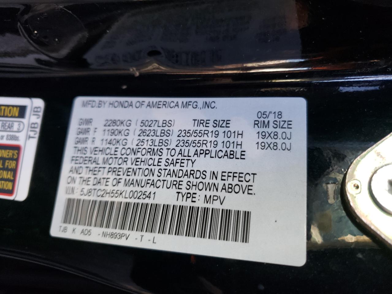 Photo 10 from auction – 2019 ACURA RDX TECHNO with VIN 5J8TC2H55KL002541