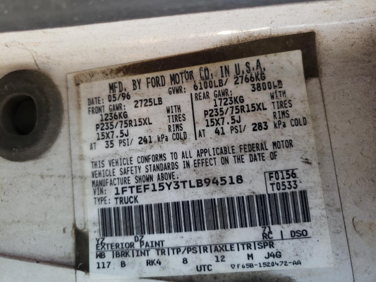 Photo 10 from auction – 1996 FORD F150 with VIN 1FTEF15Y3TLB94518