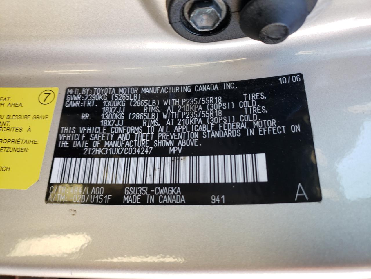 Photo 10 from auction – 2007 LEXUS RX 350 with VIN 2T2HK31UX7C034247