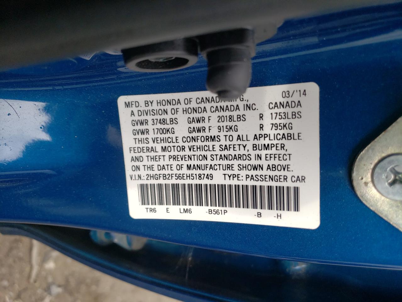 Photo 10 from auction – 2014 HONDA CIVIC LX with VIN 2HGFB2F56EH518749