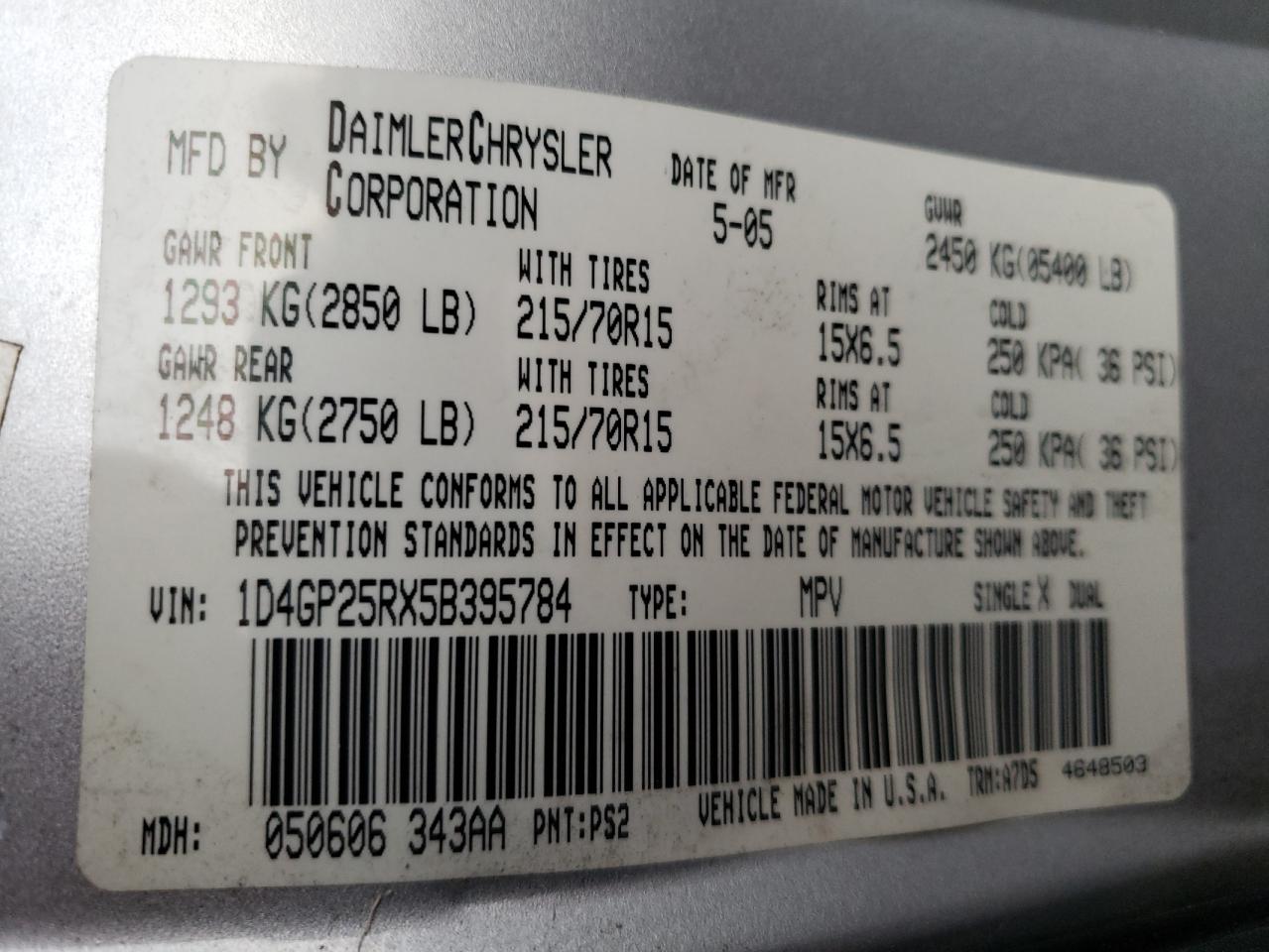 Photo 10 from auction – 2005 DODGE CARAVAN SE with VIN 1D4GP25RX5B395784