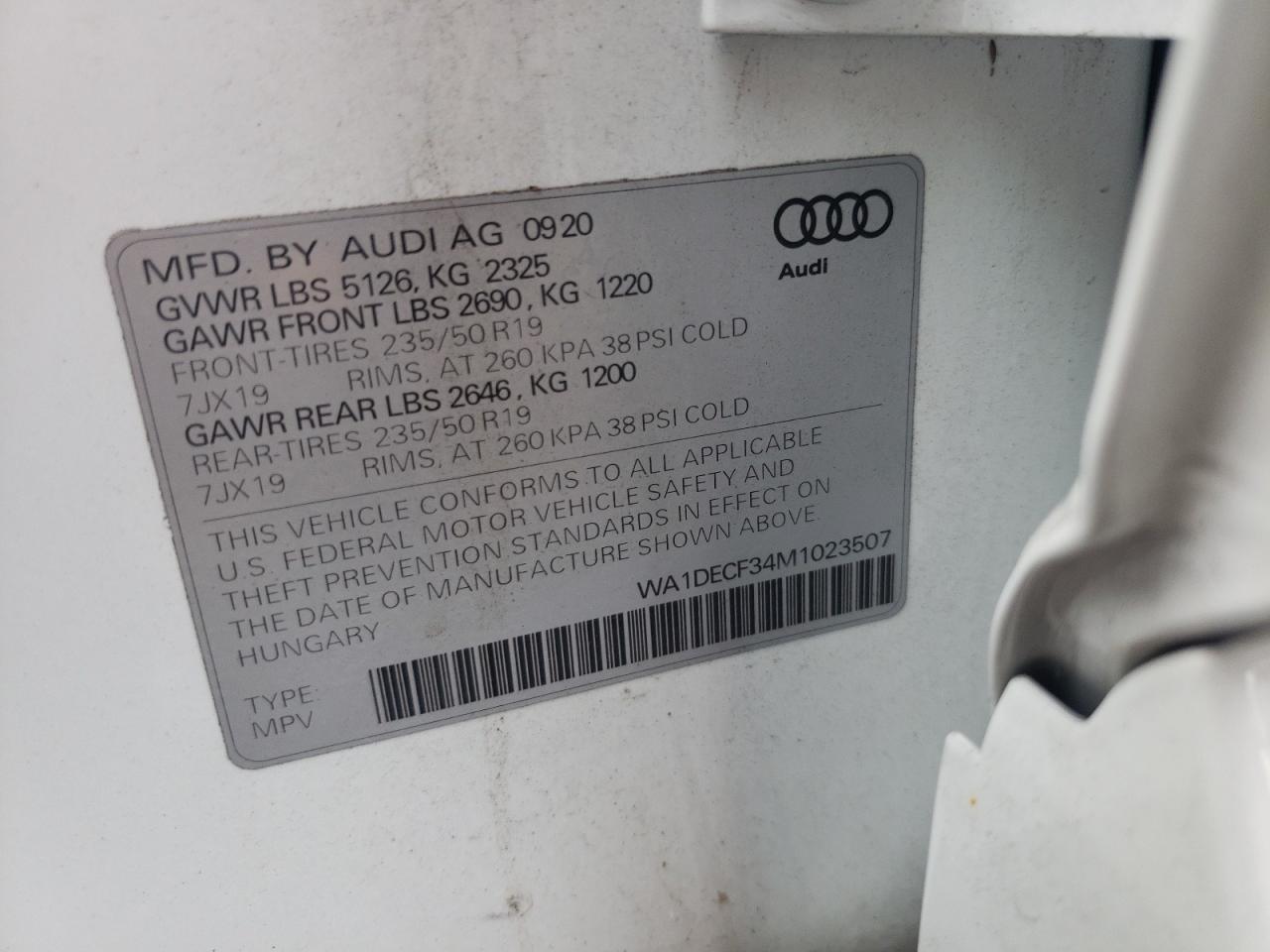 Photo 10 from auction – 2021 AUDI Q3 PREMIUM with VIN WA1DECF34M1023507