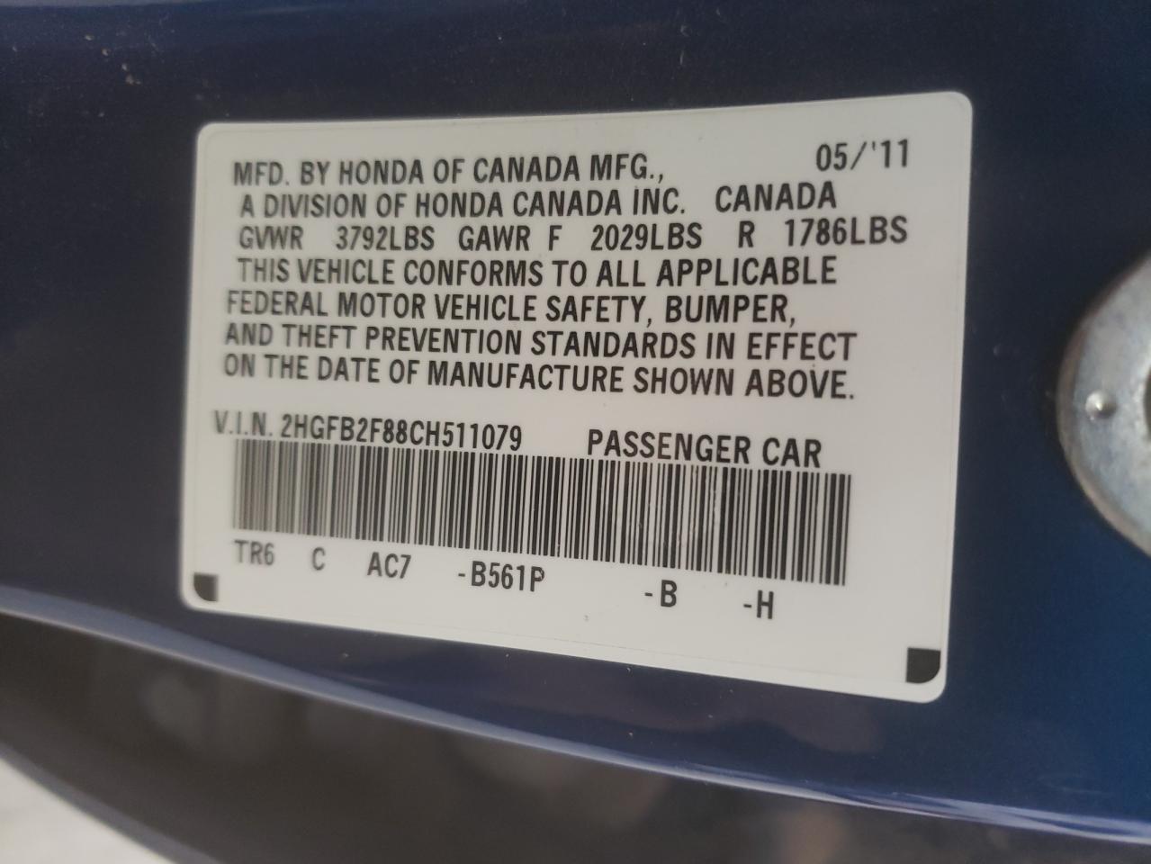 Photo 10 from auction – 2012 HONDA CIVIC EX with VIN 2HGFB2F88CH511079
