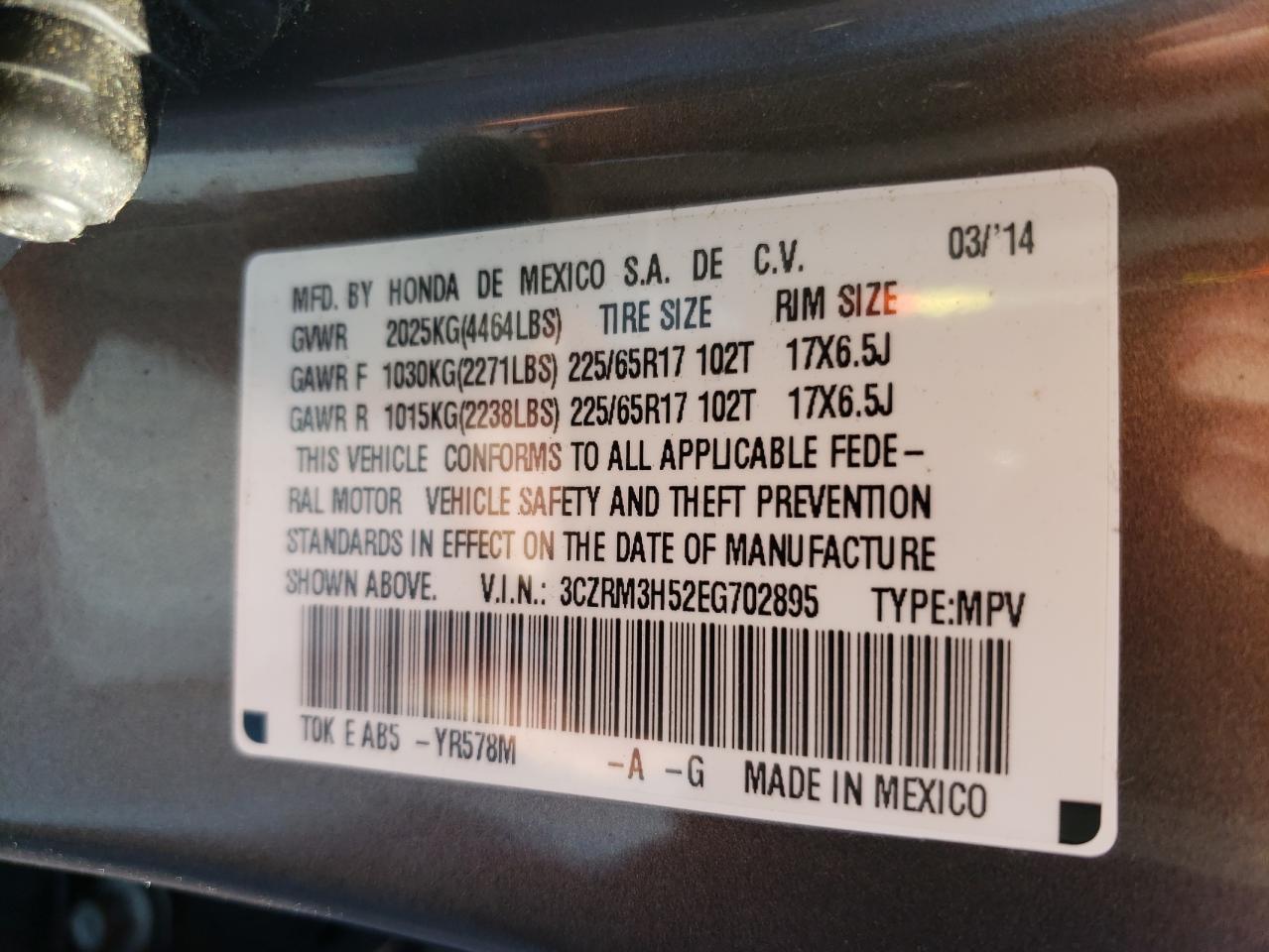 Photo 10 from auction – 2014 HONDA CR-V EX with VIN 3CZRM3H52EG702895