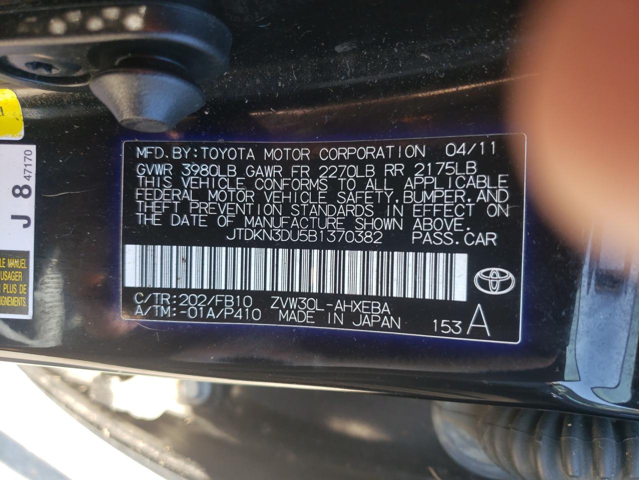 Zdjęcie 10 z aukcji – 2011 TOYOTA PRIUS z VIN JTDKN3DU5B1370382