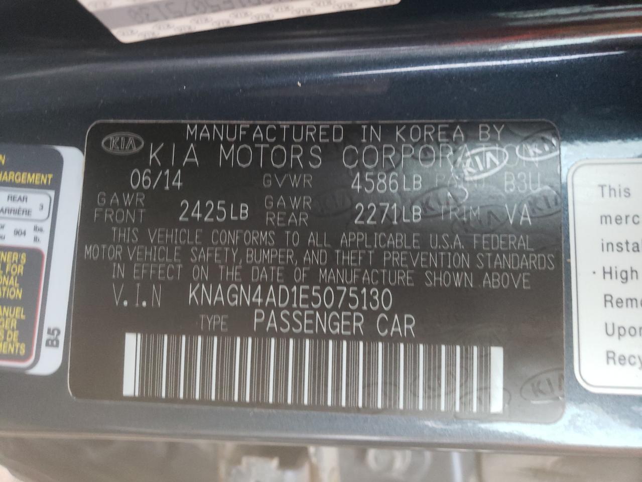 Photo 10 from auction – 2014 KIA OPTIMA HYB with VIN KNAGN4AD1E5075130