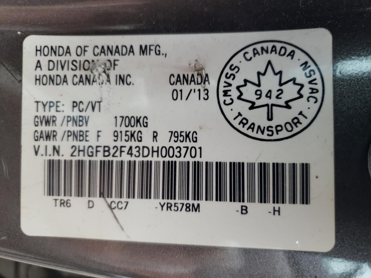 Photo 10 from auction – 2013 HONDA CIVIC LX with VIN 2HGFB2F43DH003701