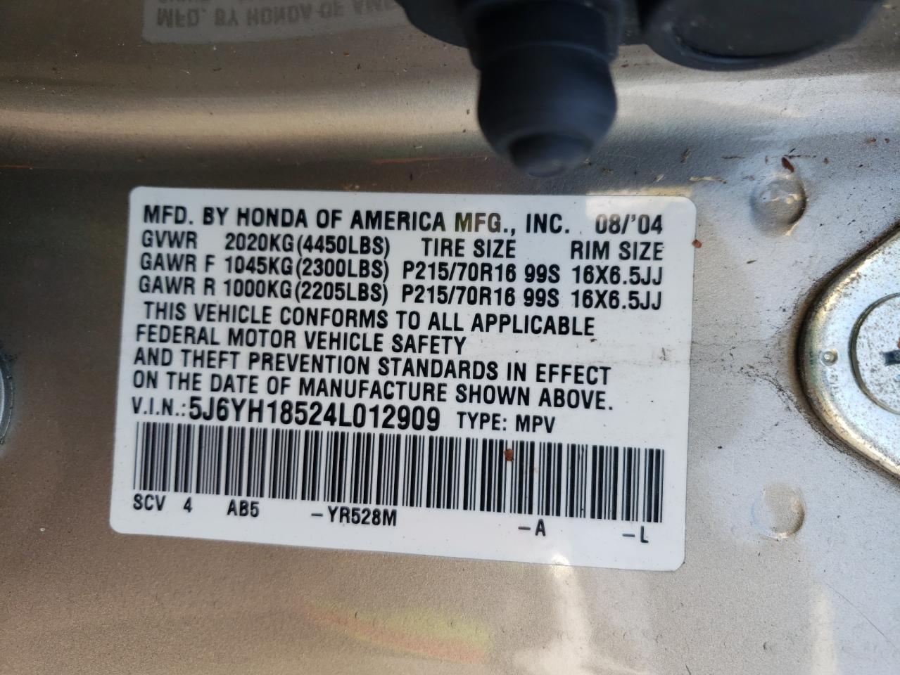Photo 10 from auction – 2004 HONDA ELEMENT EX with VIN 5J6YH18524L012909