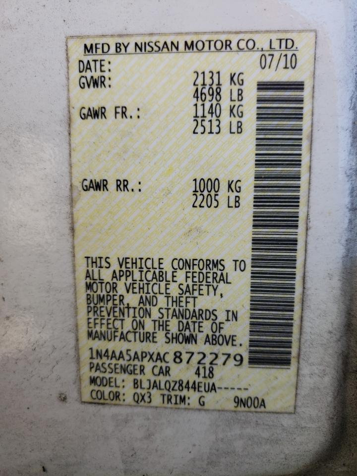 Photo 10 from auction – 2010 NISSAN MAXIMA S with VIN 1N4AA5APXAC872279