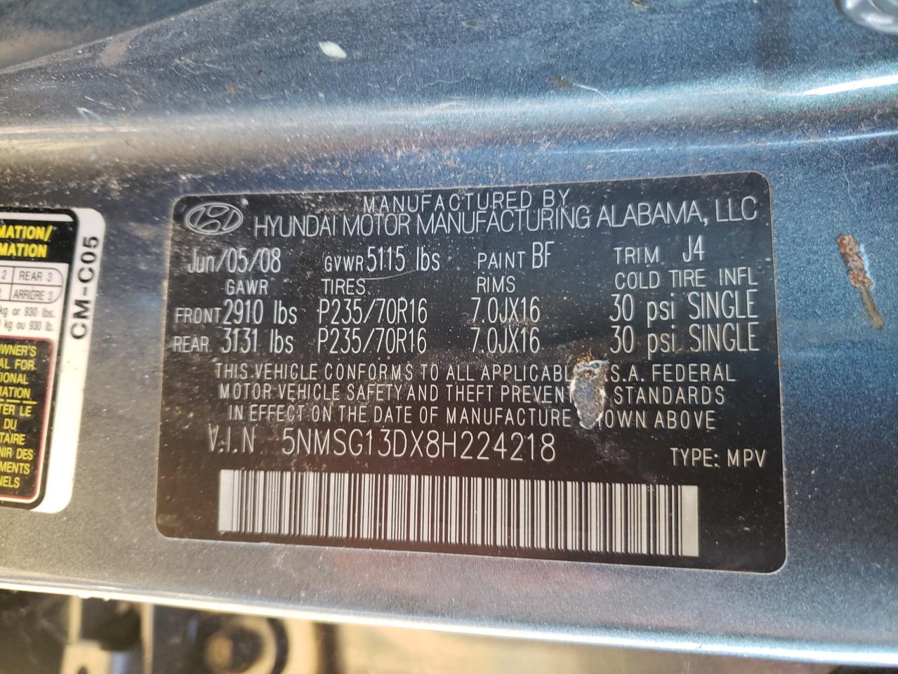 Photo 10 from auction – 2008 HYUNDAI SANTA FE G with VIN 5NMSG13DX8H224218