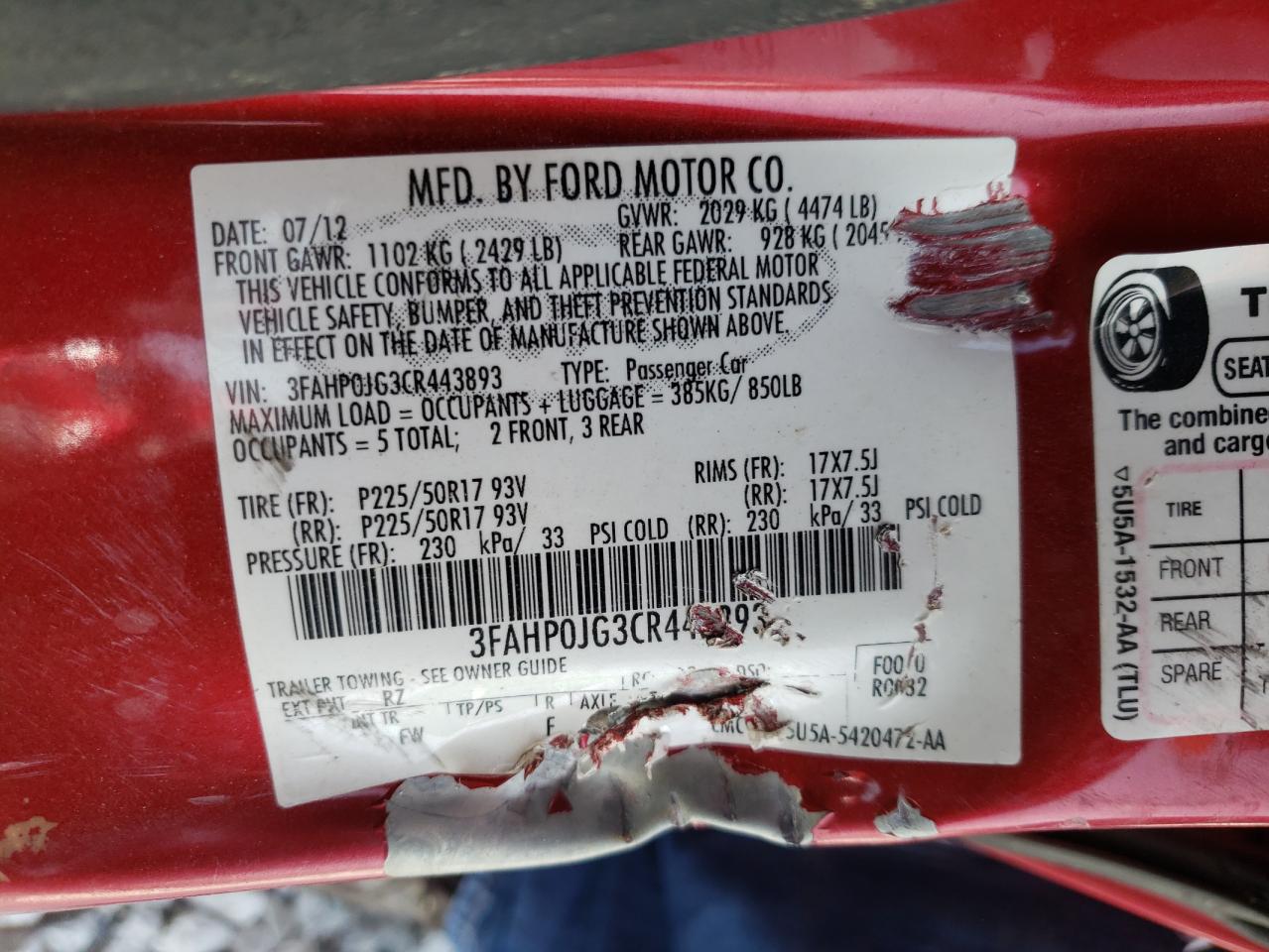 Photo 10 from auction – 2012 FORD FUSION SEL with VIN 3FAHP0JG3CR443893