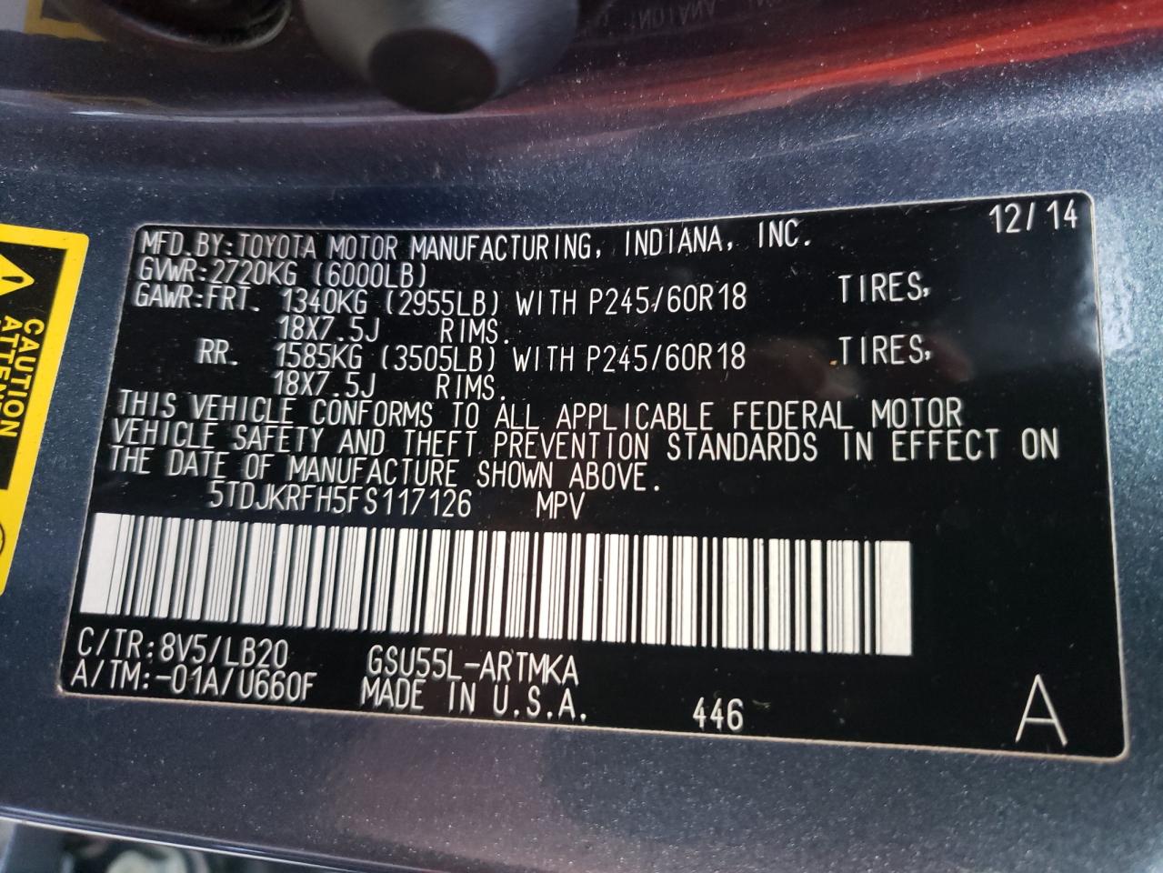 Photo 10 from auction – 2015 TOYOTA HIGHLANDER with VIN 5TDJKRFH5FS117126