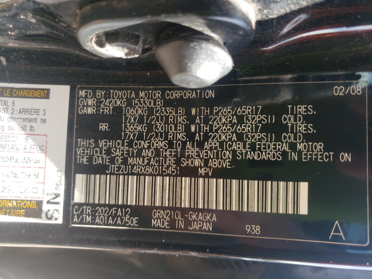 Photo 10 from auction – 2008 TOYOTA 4RUNNER SR with VIN JTEZU14RX8K015451