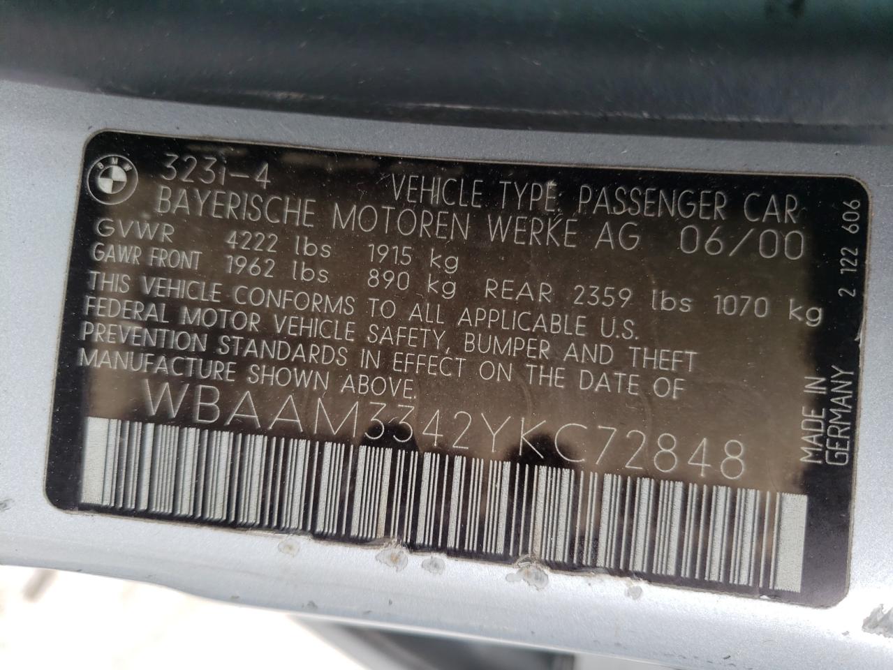 Photo 10 from auction – 2000 BMW 323 I with VIN WBAAM3342YKC72848