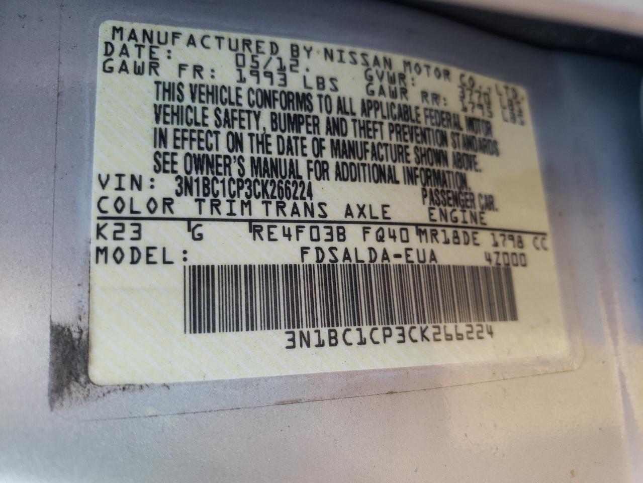 Photo 10 from auction – 2012 NISSAN VERSA S with VIN 3N1BC1CP3CK266224