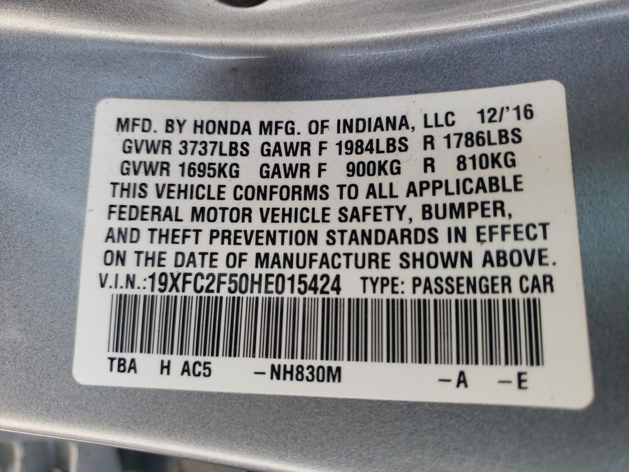 Photo 10 from auction – 2017 HONDA CIVIC LX with VIN 19XFC2F50HE015424