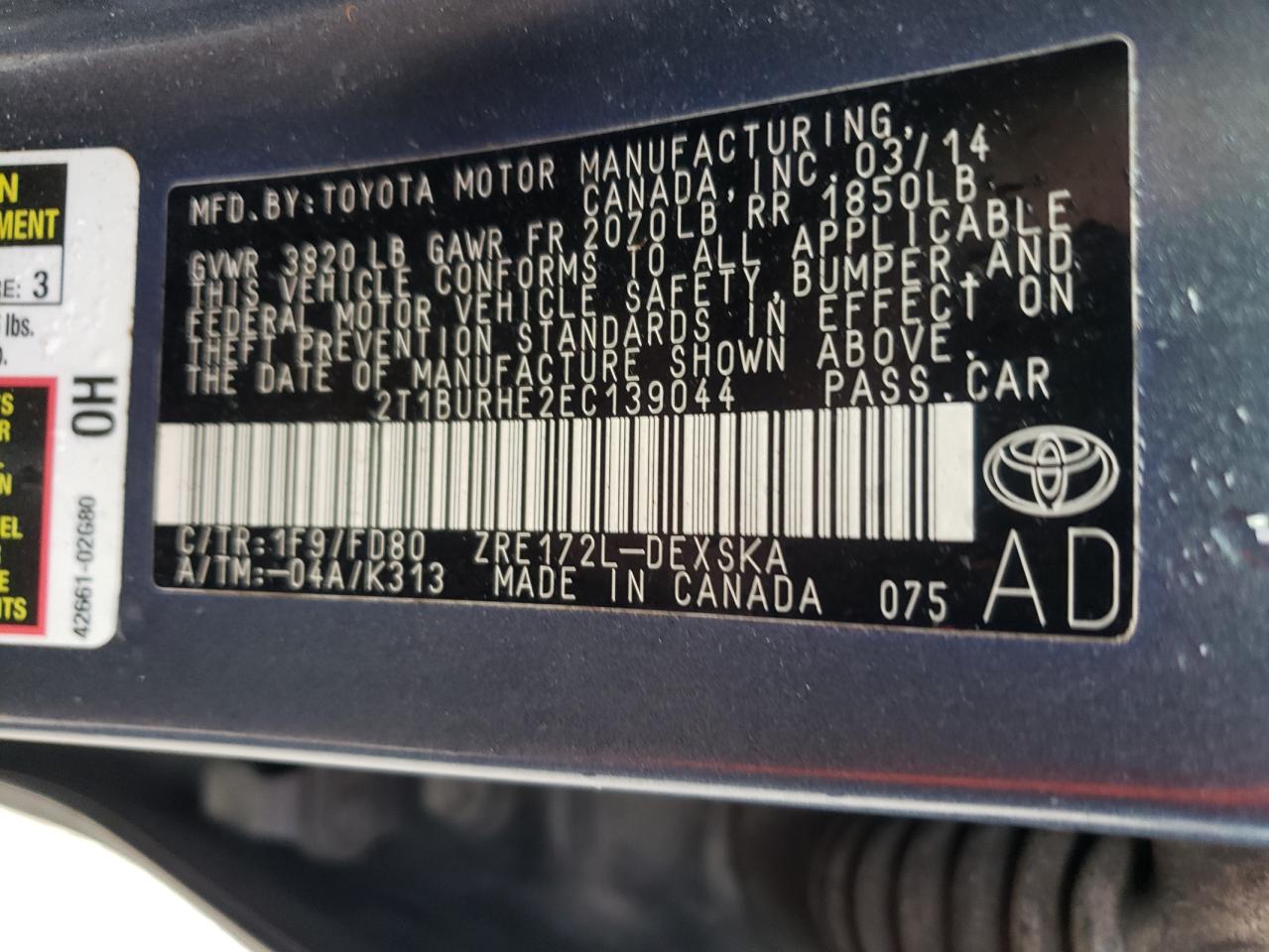Photo 10 from auction – 2014 TOYOTA COROLLA L with VIN 2T1BURHE2EC139044