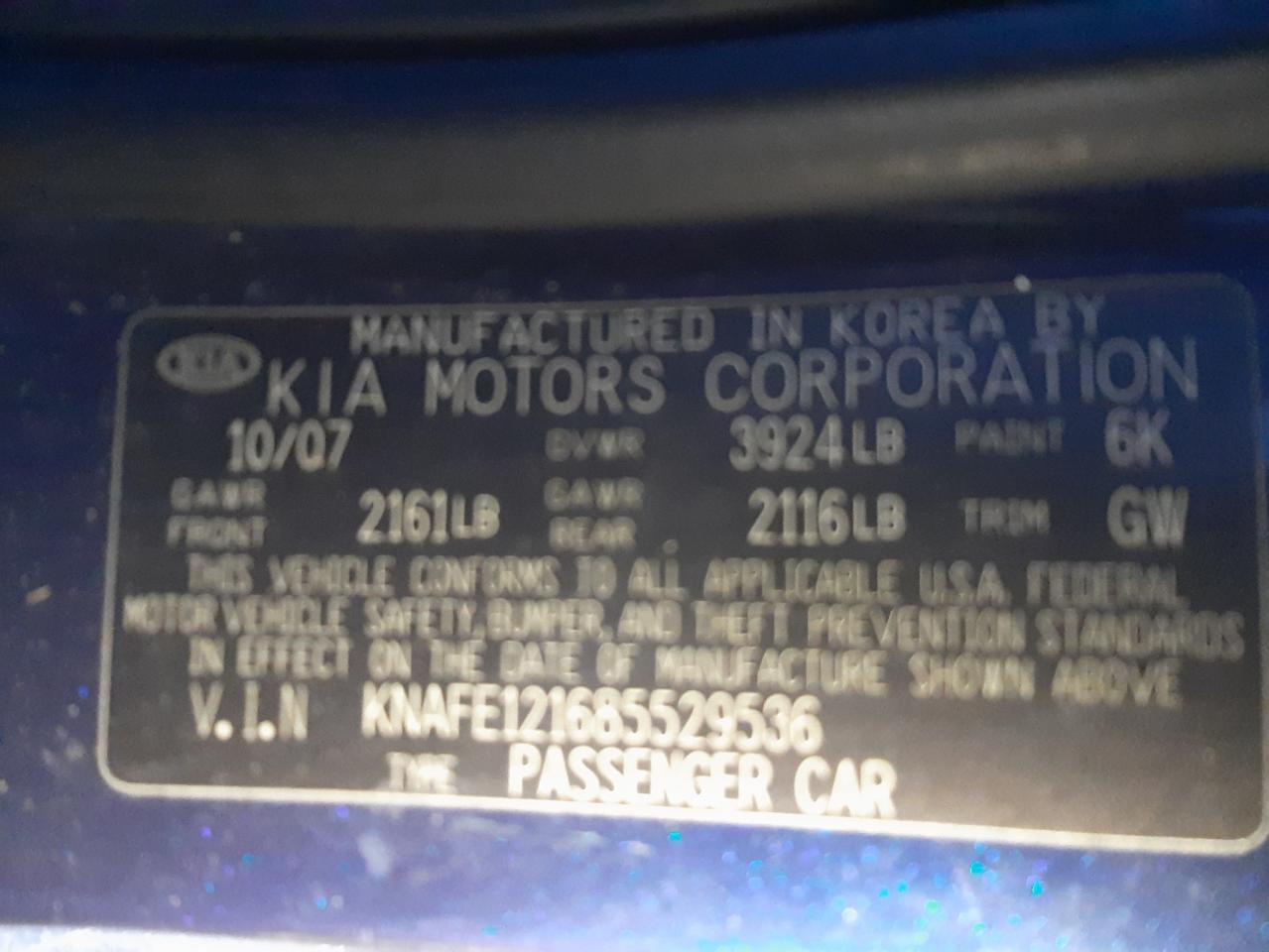Photo 10 from auction – 2008 KIA SPECTRA EX with VIN KNAFE121685529536
