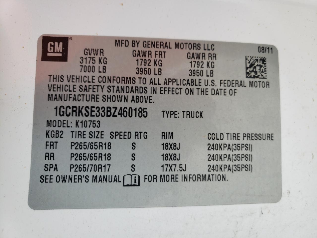 Photo 10 from auction – 2011 CHEVROLET SILVERADO with VIN 1GCRKSE33BZ460185