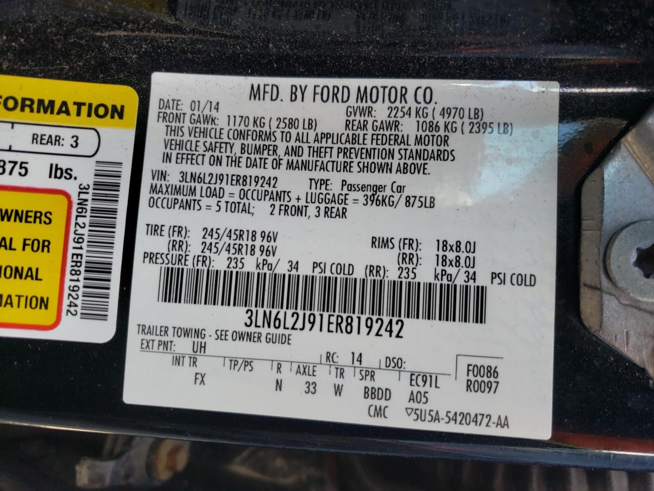 Photo 10 from auction – 2014 LINCOLN MKZ with VIN 3LN6L2J91ER819242